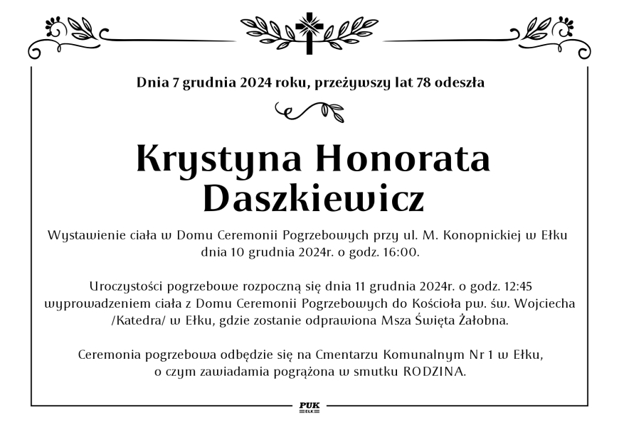 Krystyna Honorata Daszkiewicz - nekrolog